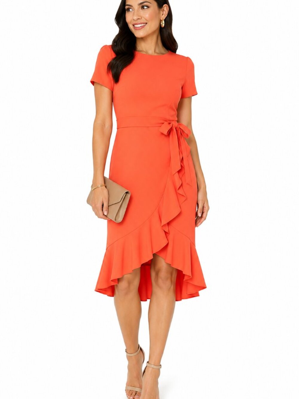 Calvin Klein Coral Ruffle Tulip Hem Tie Waist Dress Size 12